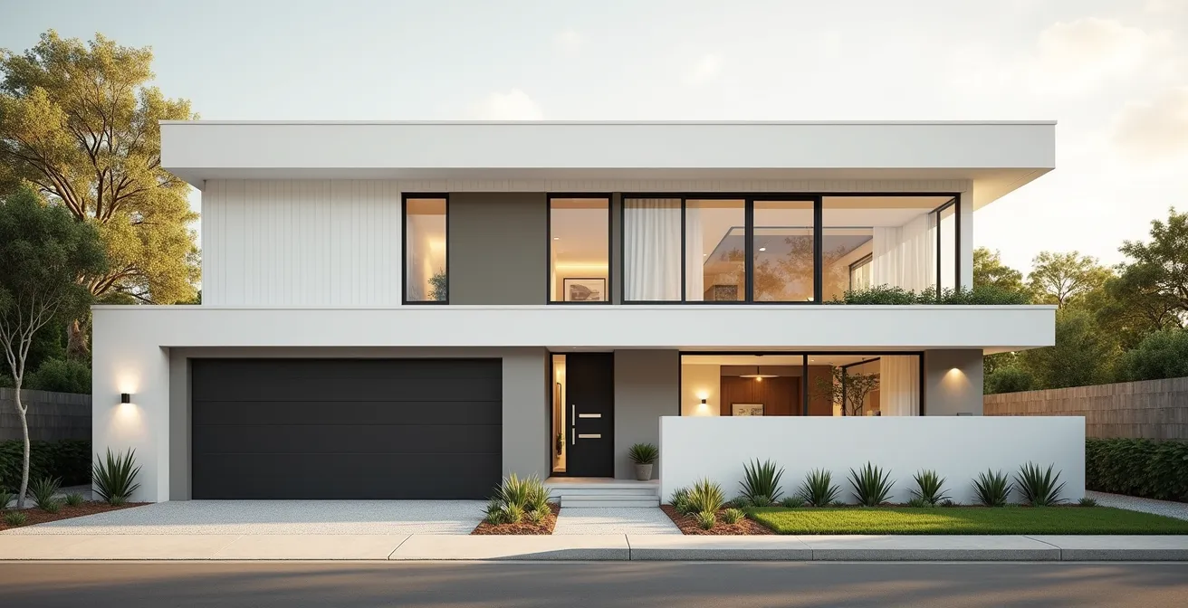 Vue extérieure d’une maison rénovée avec lumière naturelle douce, style architectural moderne et épuré, composition équilibrée