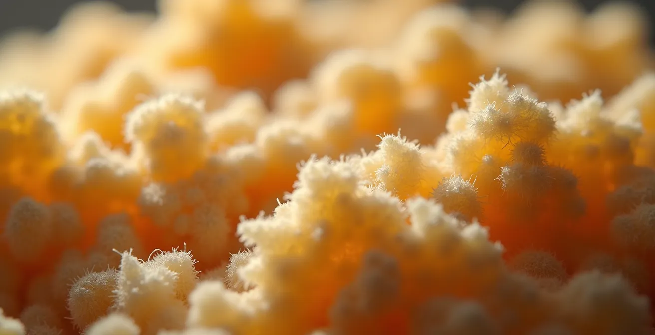 Gros plan sur un matériau isolant naturel à texture fine avec éclairage cinématographique et profondeur de champ courte