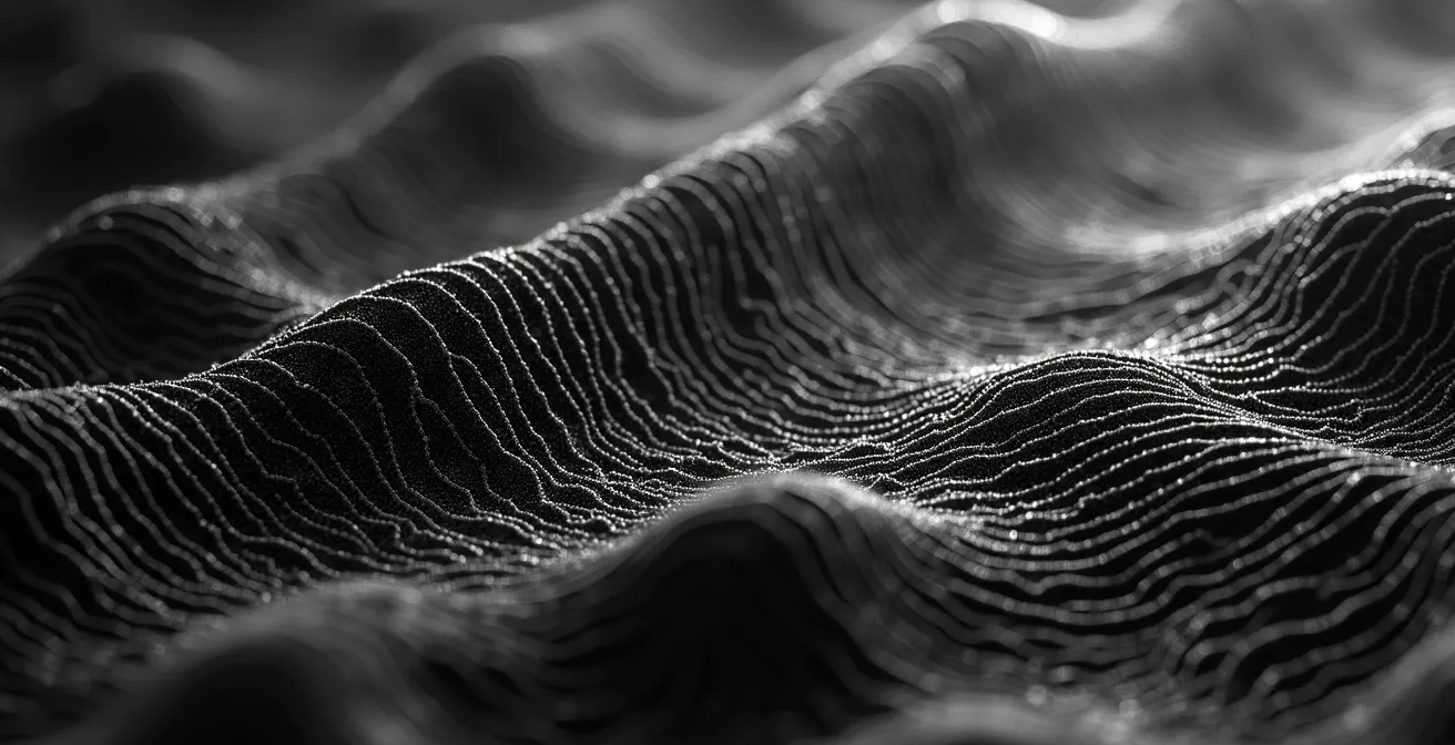 Composition graphique abstraite en noir et blanc représentant la complexité technique et l’équilibre financier