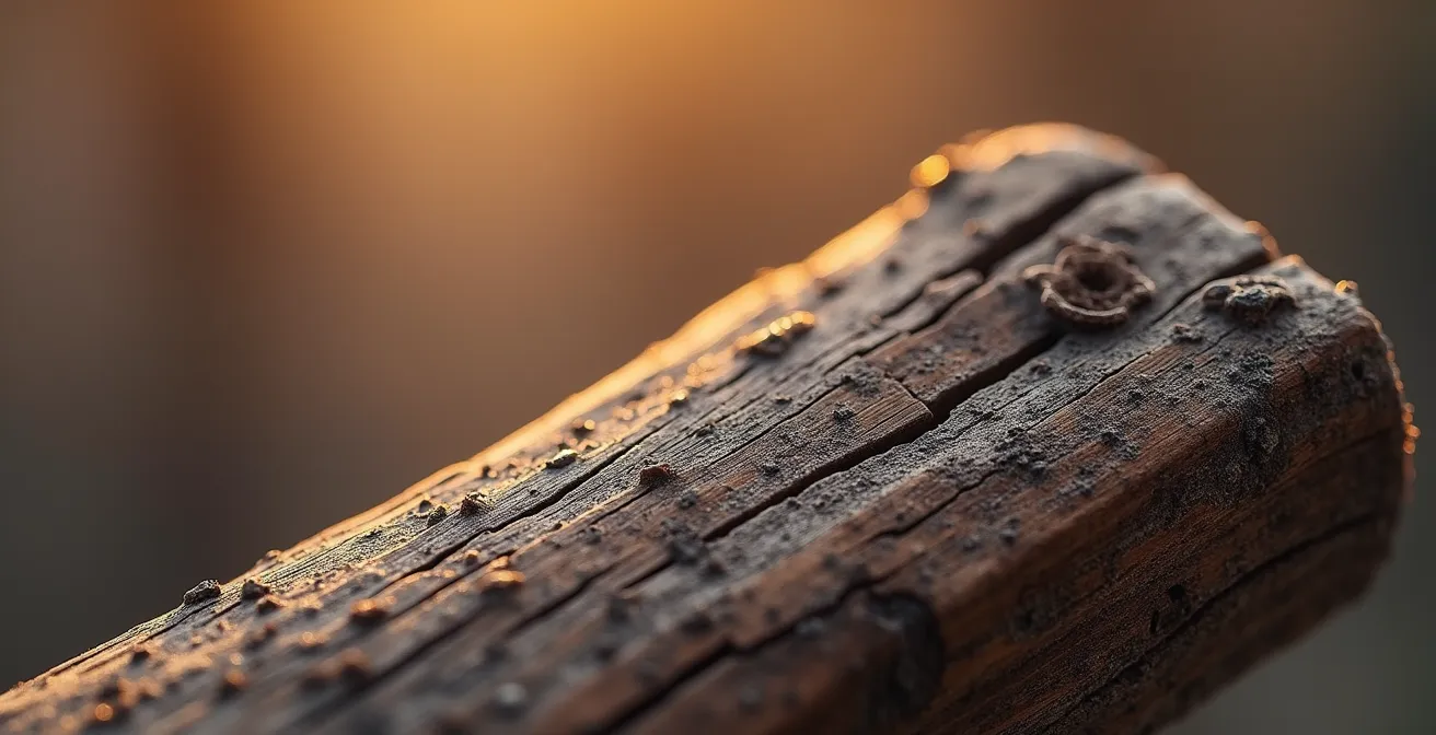 Détail macro de bois ancien de chalet avec patine naturelle
