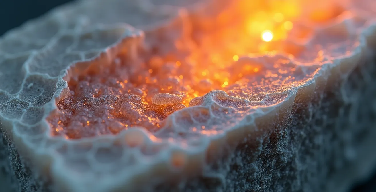 Détail macro de la pierre ollaire montrant sa structure cristalline thermique