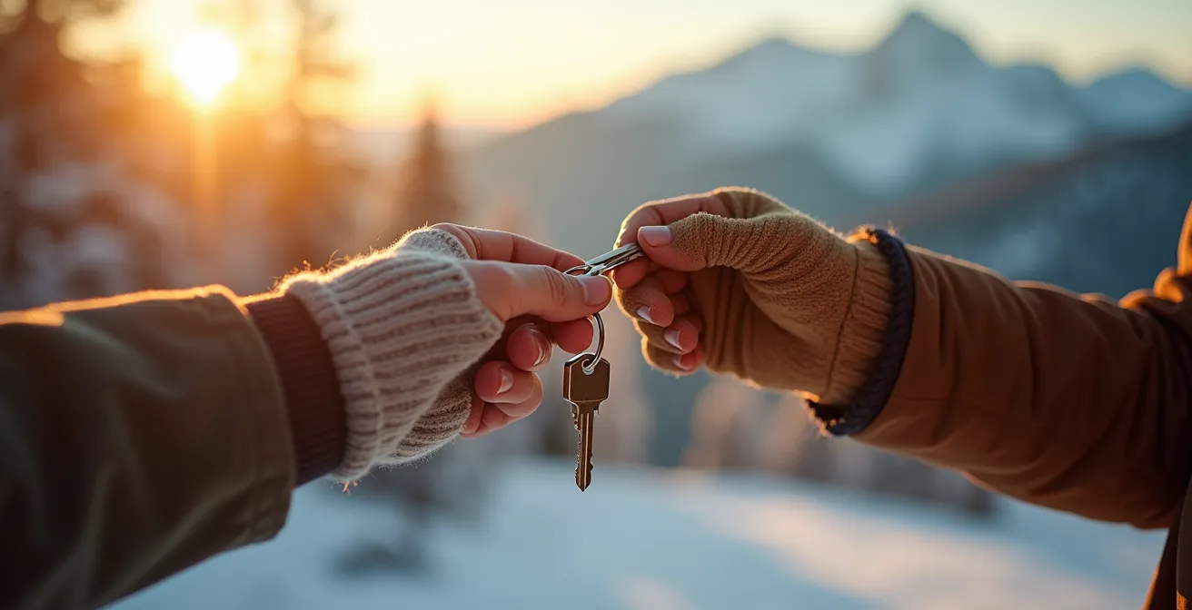 Gros plan sur deux mains échangeant des clés de propriété avec montagnes floues en arrière-plan