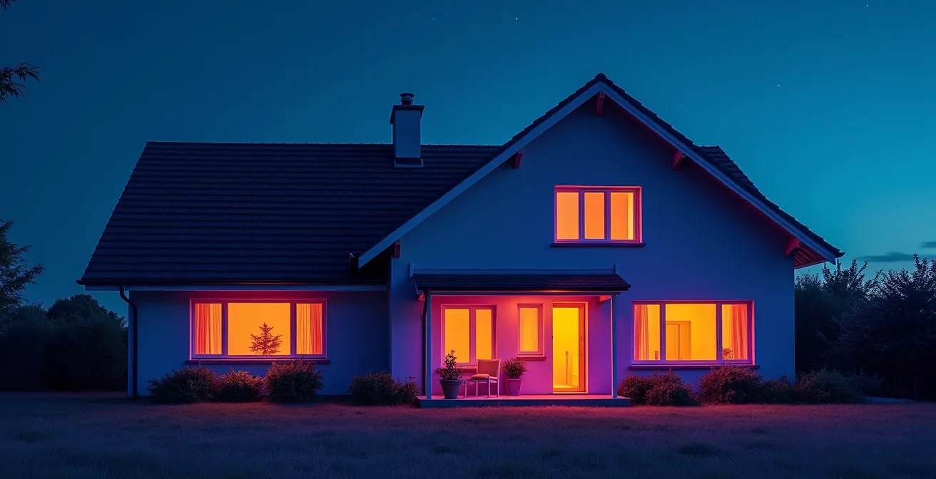 Vue thermographique d'une maison montrant les zones de déperdition de chaleur