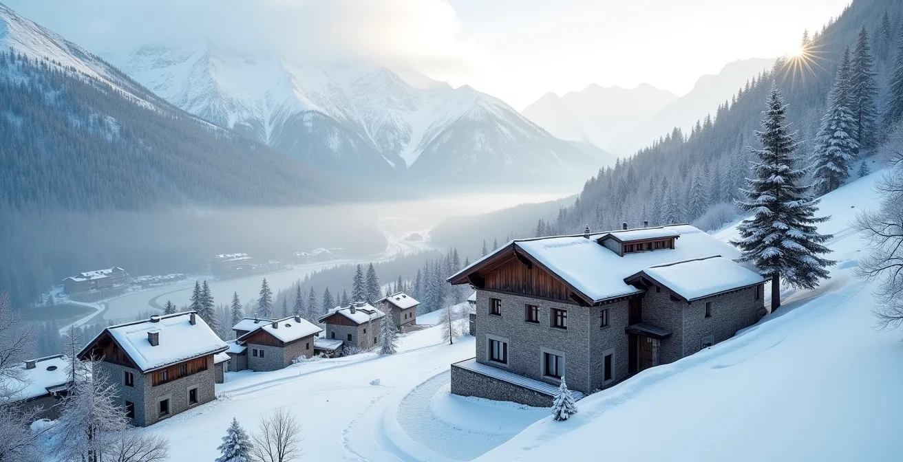 Vue aérienne épurée d'un village de montagne avec architecture traditionnelle