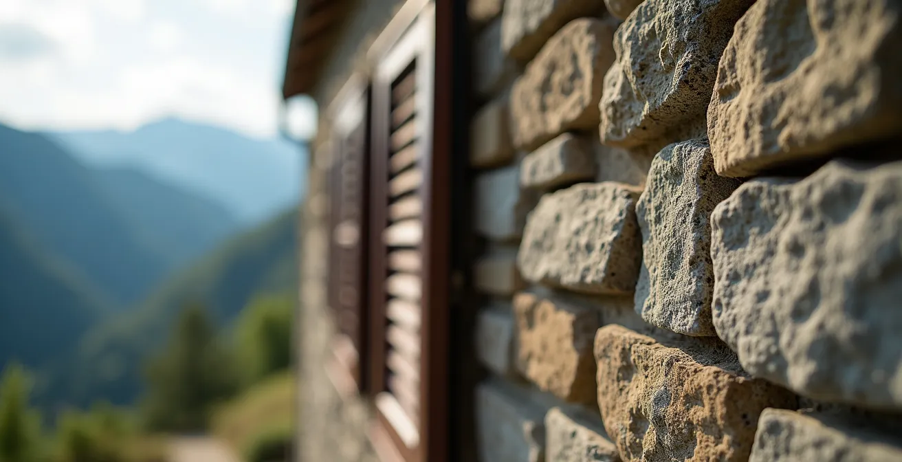 Détail architectural d'une façade en pierre du Champsaur avec balcon fleuri et volets en bois