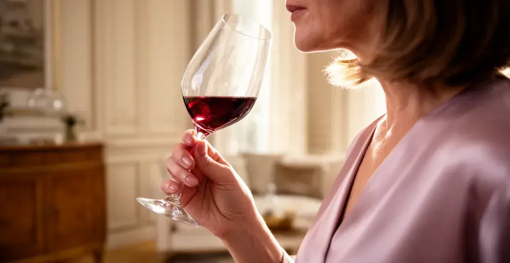 Personne observant la robe d'un vin en tenant le verre par le pied