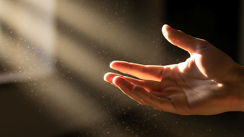 Particules de poussière métallique visibles en suspension dans rayon lumineux d'atelier industriel
