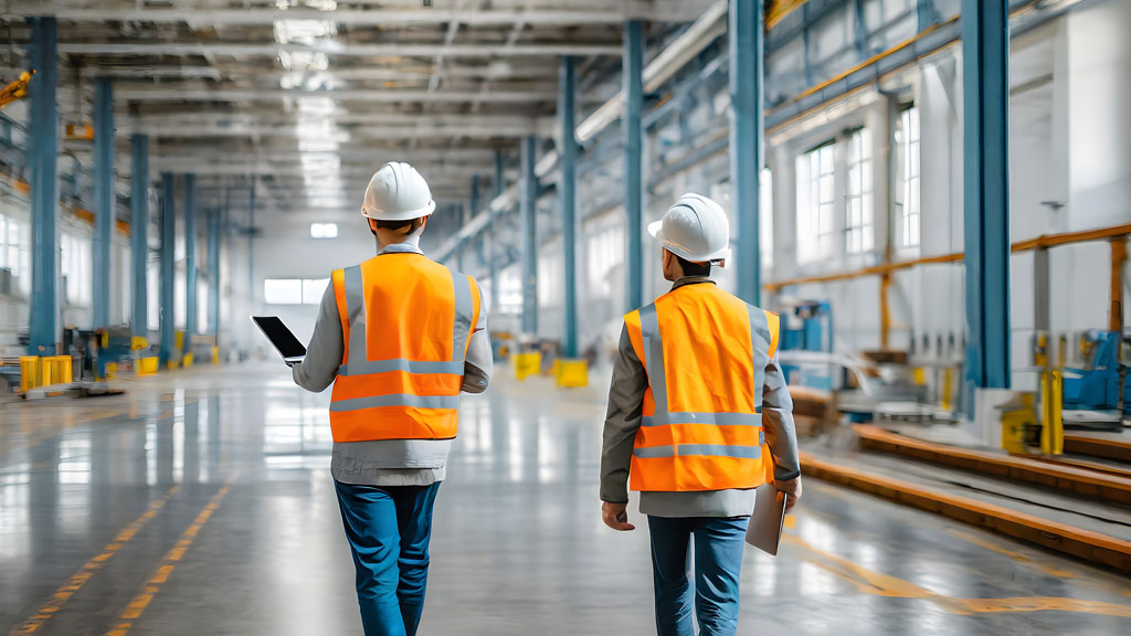 Responsable HSE consultant des données qualité air sur tablette dans atelier industriel français