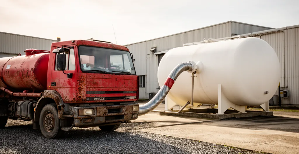 Camion de livraison propane raccordé à citerne dans cour d'usine française
