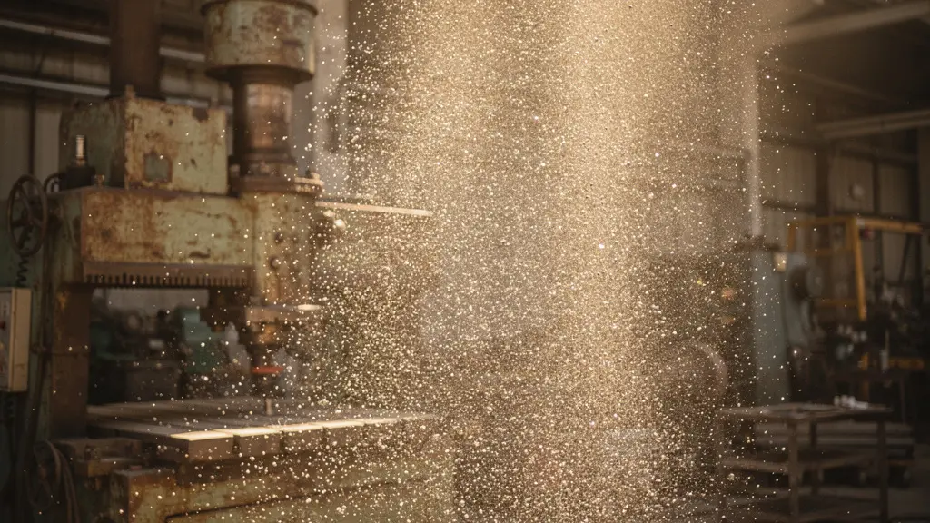 Particules de poussière métallique visibles en suspension dans rayon lumineux d'atelier industriel