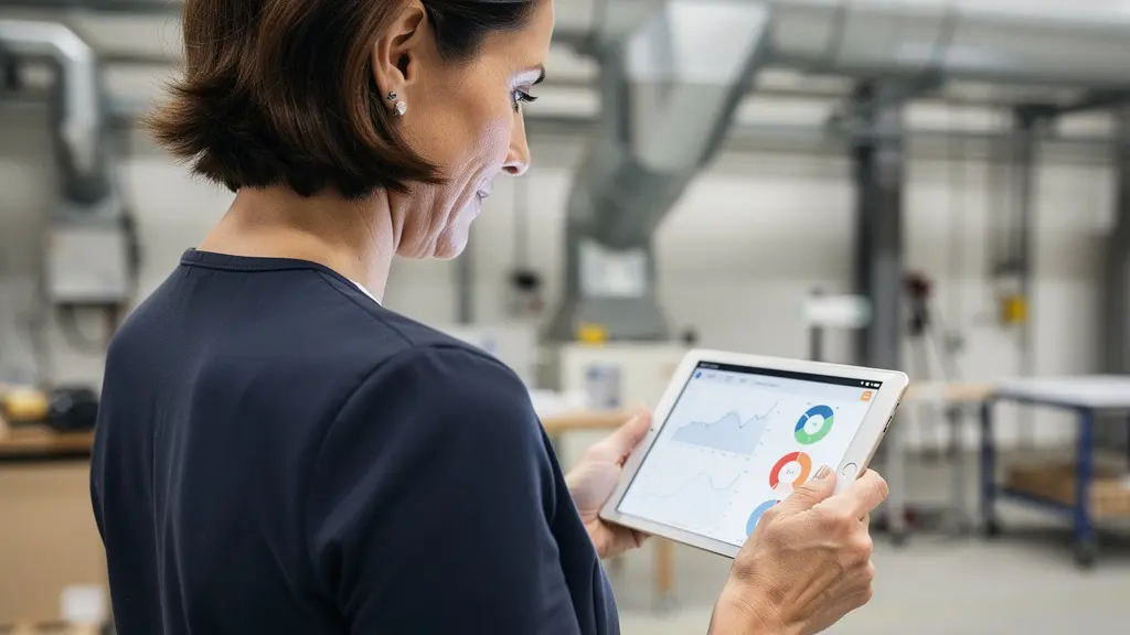 Responsable HSE consultant des données qualité air sur tablette dans atelier industriel français