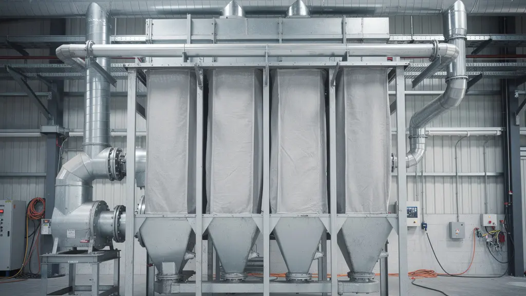 Système de filtration industriel avec manches filtrantes verticales dans usine française