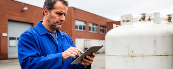 Technicien vérifiant une citerne propane professionnelle avec tablette dans cour industrielle