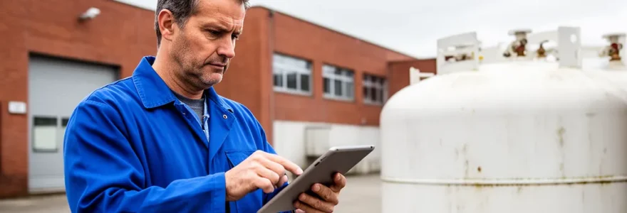 Technicien vérifiant une citerne propane professionnelle avec tablette dans cour industrielle