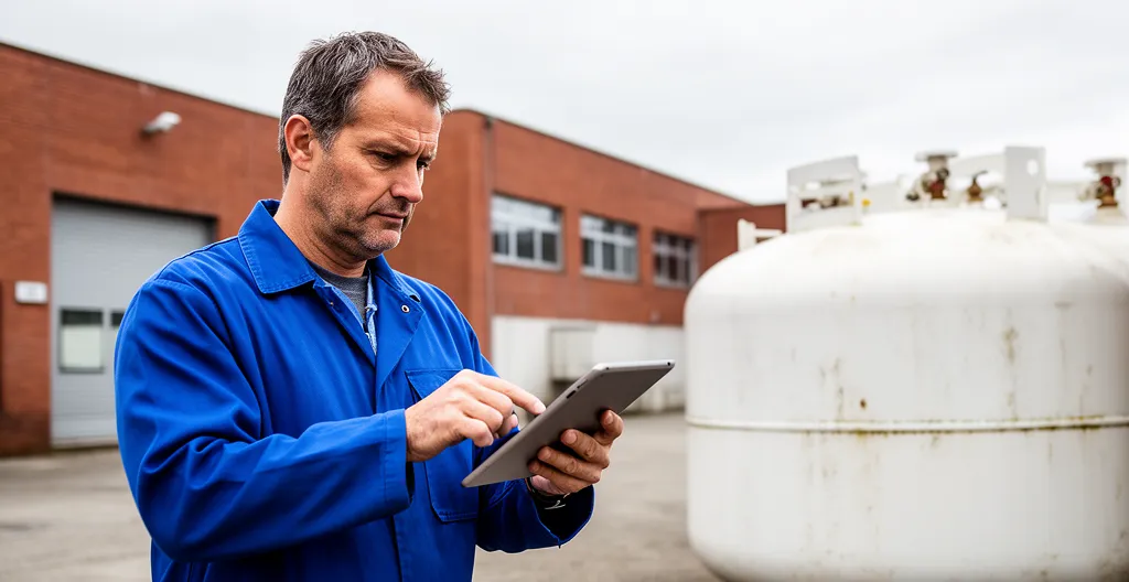 Technicien vérifiant une citerne propane professionnelle avec tablette dans cour industrielle
