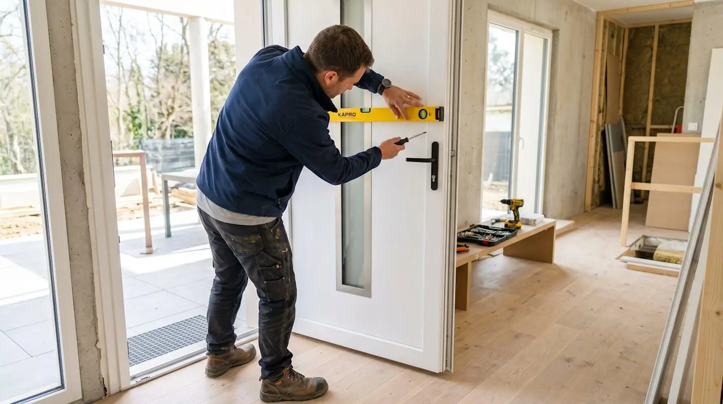 Artisan menuisier vu de dos en vêtements de travail contemporains, ajustant une porte d'entrée moderne avec un niveau à bulle sur un chantier résidentiel lumineux