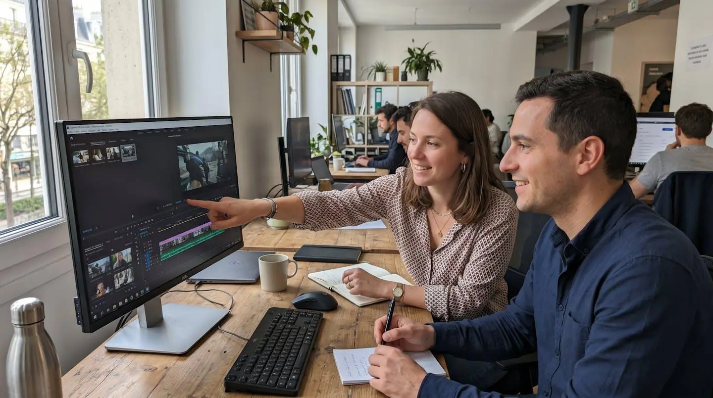 Deux professionnels assis côte à côte devant un écran partagé dans un bureau contemporain lumineux, l'un pointant l'écran du doigt en pleine discussion de travail collaborative