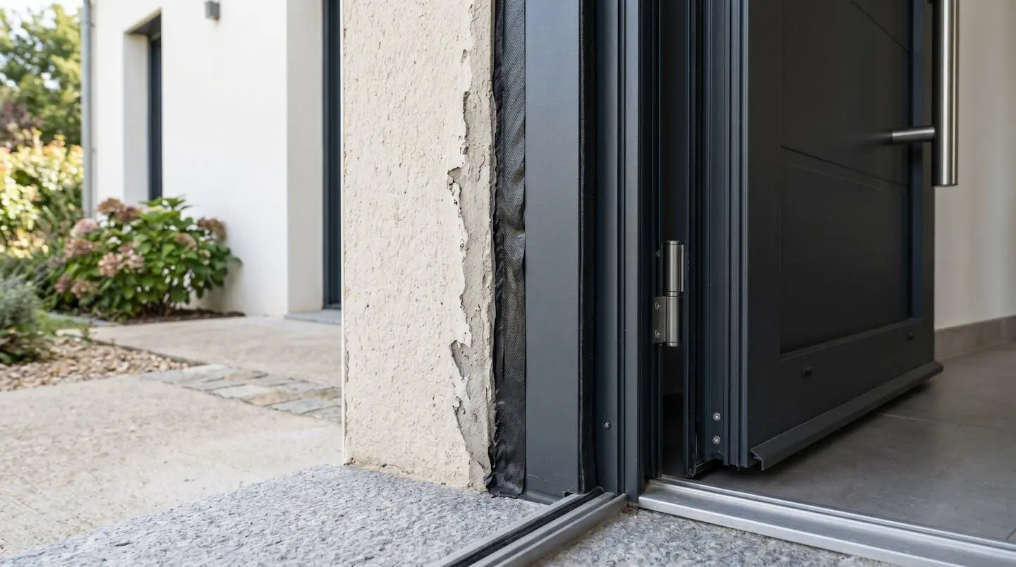 Gros plan sur le joint périphérique d'une porte d'entrée en aluminium anthracite vu depuis l'extérieur lors d'une réception de chantier