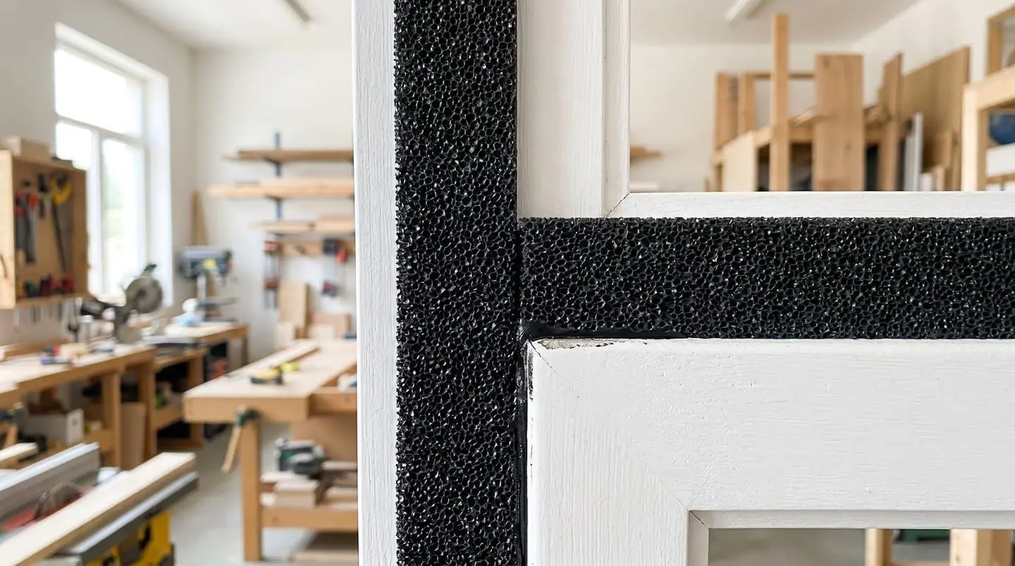 Vue macro rapprochée d'une bande de joint compribande noir en mousse appliquée sur le cadre d'une porte, avec texture détaillée visible et arrière-plan d'atelier flou