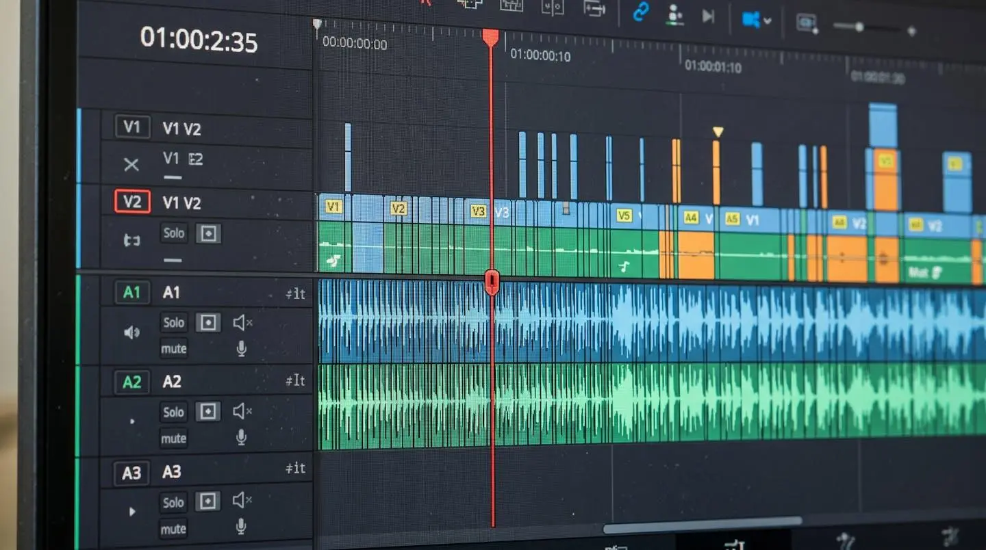 Très gros plan sur une timeline de montage vidéo affichant un curseur de lecture en focus net et des formes d'onde audio en arrière-plan flouté, avec un effet de profondeur de champ marqué