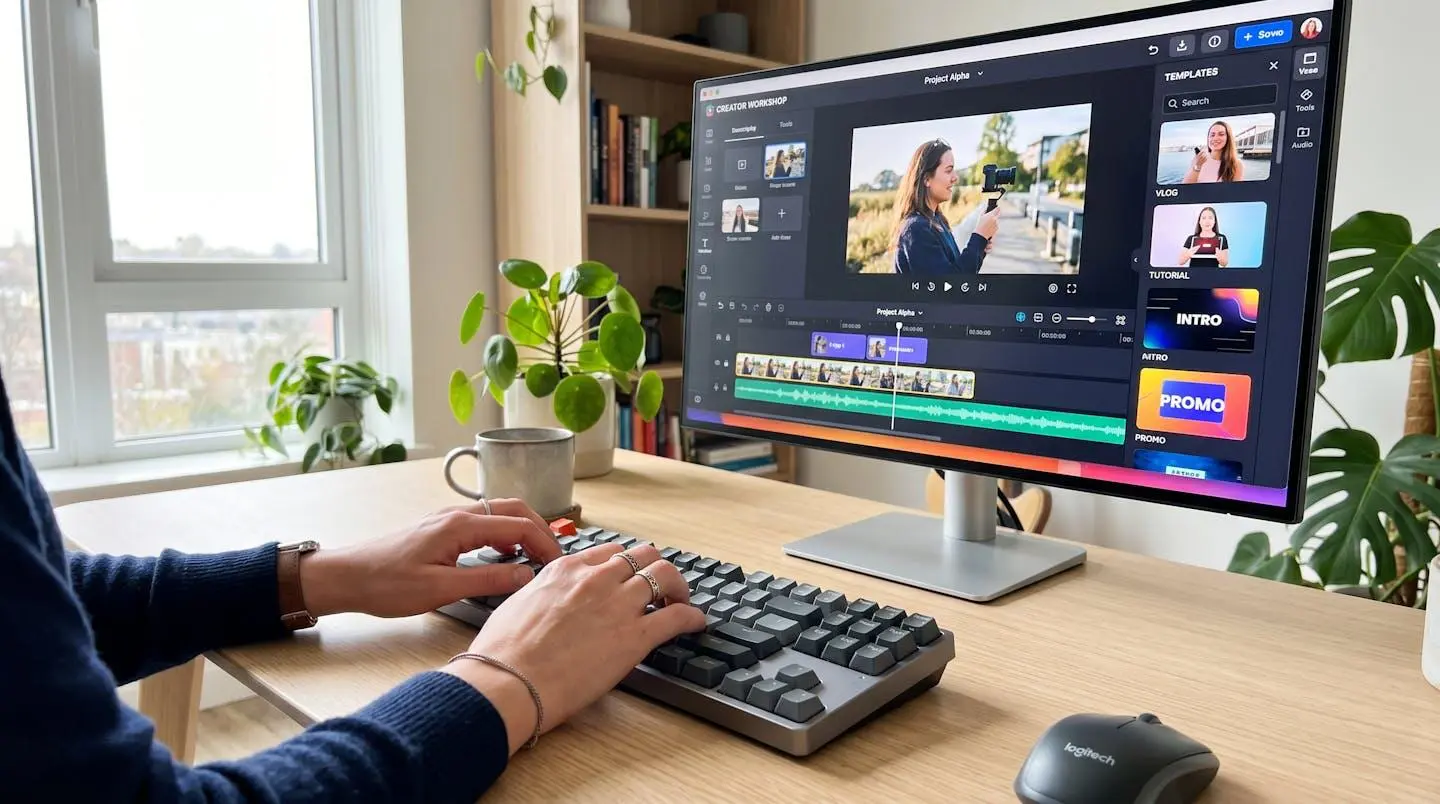 Mains d'une personne tapant sur un clavier d'ordinateur moderne posé sur un bureau épuré et lumineux, avec un écran partiellement visible en arrière-plan