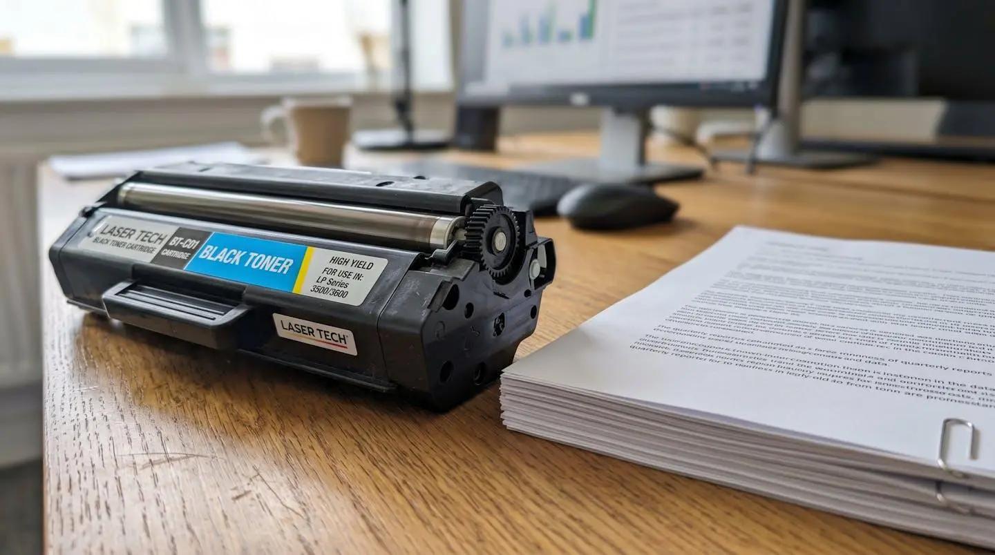 Gros plan sur une cartouche de toner laser et une pile de documents imprimés posés sur un bureau moderne