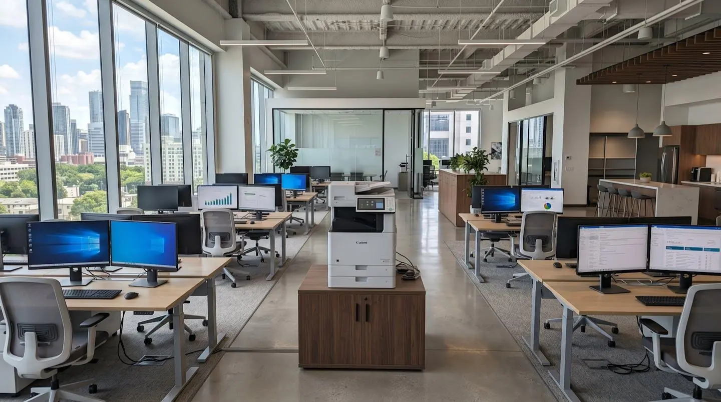 Vue grand angle d'un espace de travail contemporain avec bureaux vides et une imprimante multifonction installée sur un meuble dédié