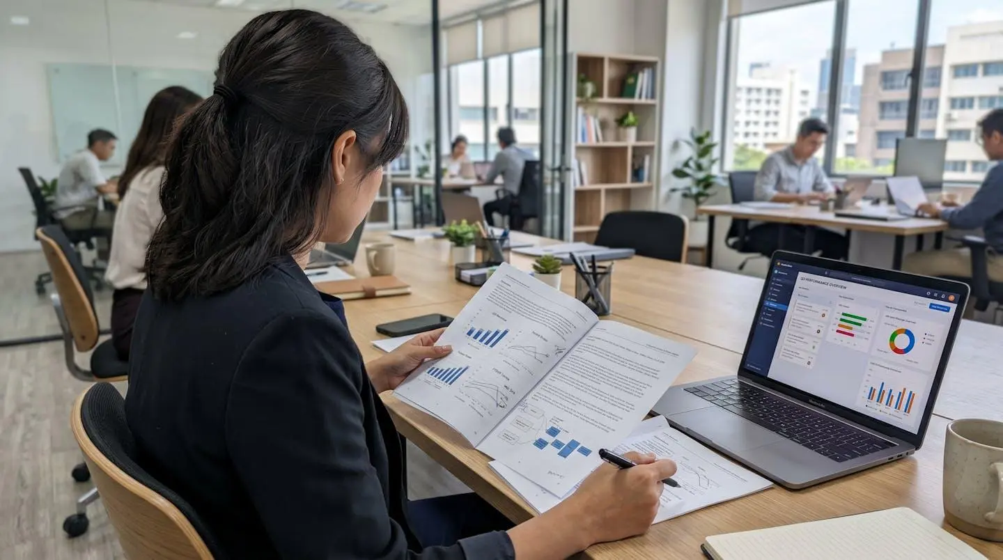 Un professionnel vu de dos consulte des rapports imprimés sur un bureau moderne avec une imprimante laser visible en arrière-plan