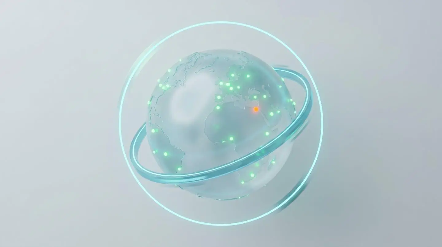 Globe numérique symbolisant le réseau d'entreprise scanné par un anneau lumineux d'audit.
