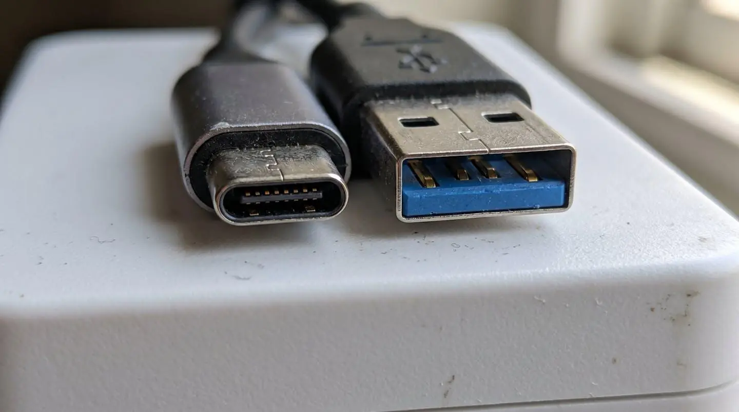 Gros plan rapproché sur un connecteur USB Type-C et un connecteur USB Type-A côte à côte montrant leurs différences physiques