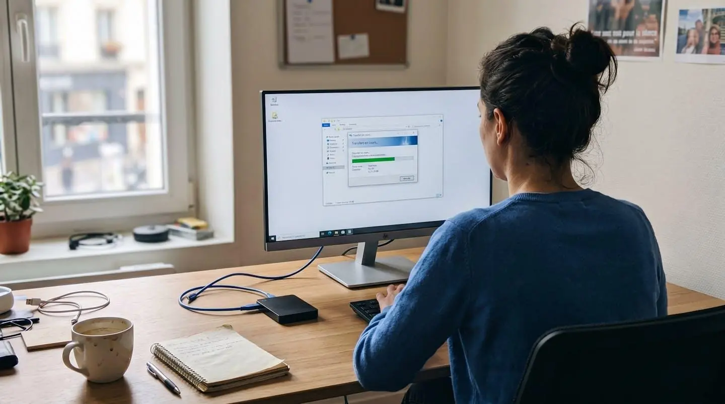 Personne de dos devant un écran d'ordinateur affichant une barre de progression de transfert de fichiers, disque dur externe connecté par câble USB visible sur le bureau
