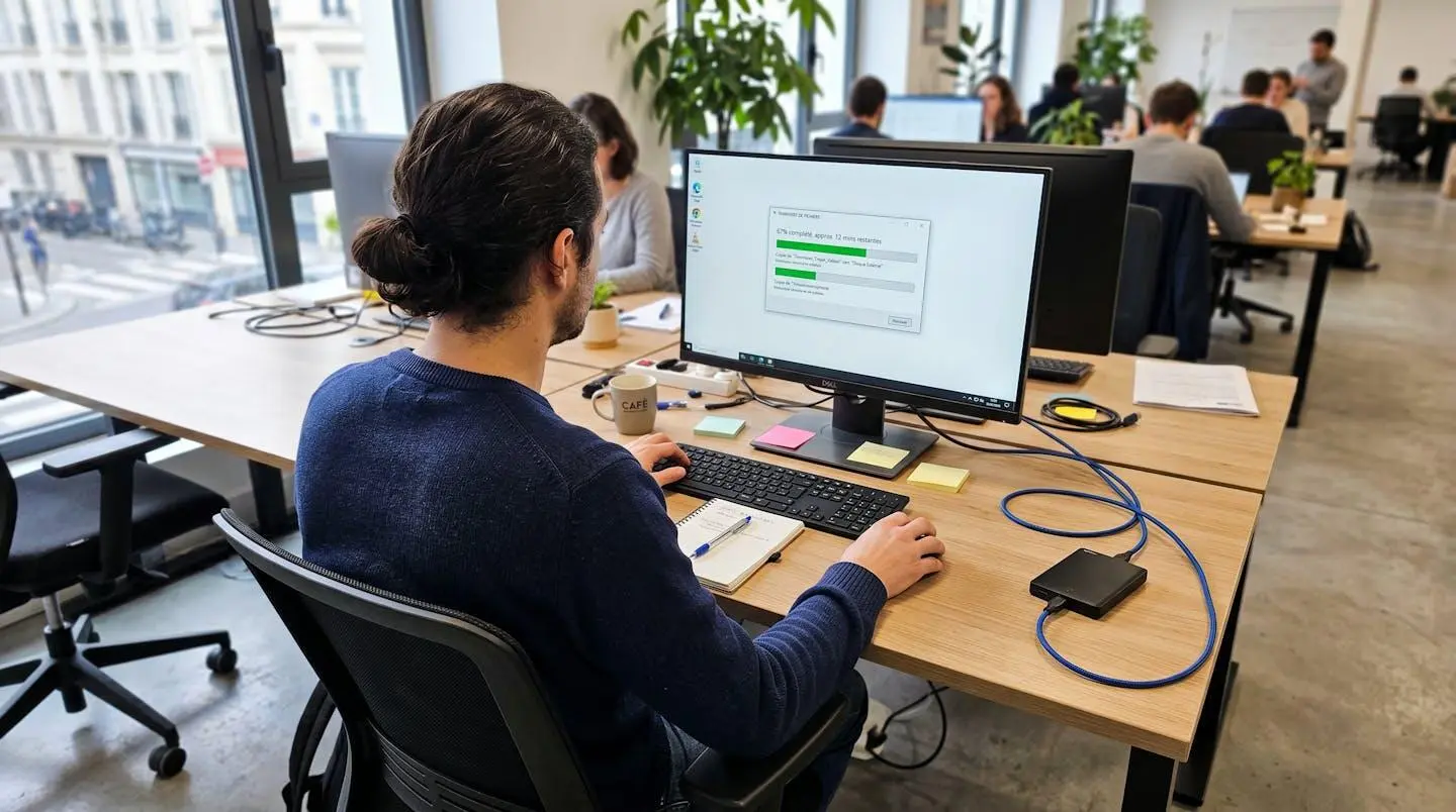Personne de dos devant un écran d'ordinateur affichant une barre de progression de transfert de fichiers, disque dur externe connecté par câble USB visible sur le bureau