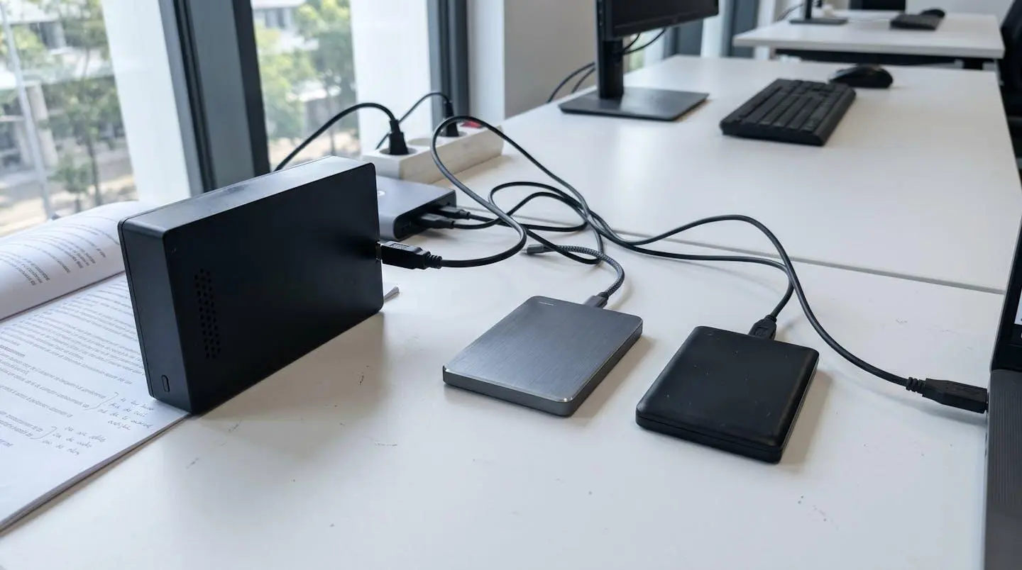 Trois disques durs externes de tailles différentes (formats 2,5 et 3,5 pouces) avec câbles USB Type-A et Type-C sur un bureau blanc
