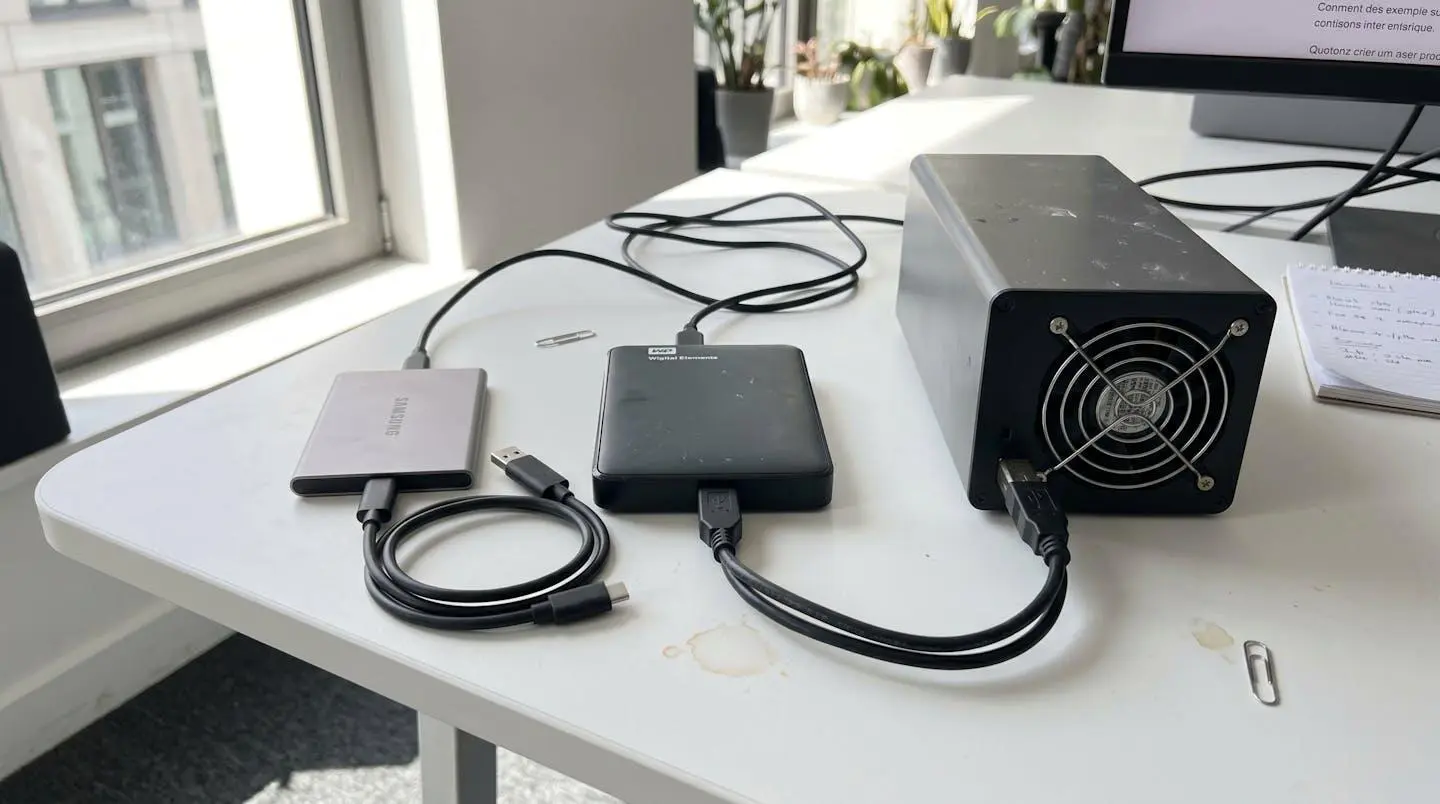 Trois disques durs externes de tailles différentes (formats 2,5 et 3,5 pouces) avec câbles USB Type-A et Type-C sur un bureau blanc
