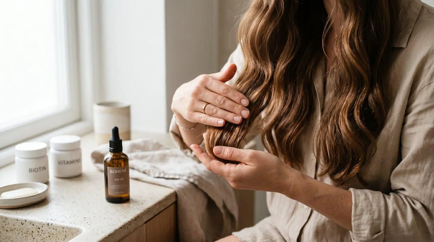 Gros plan sur mains de femme appliquant huile capillaire sur mèche de cheveux longs brillants, salle de bain lumineuse avec flacons de compléments en arrière-plan