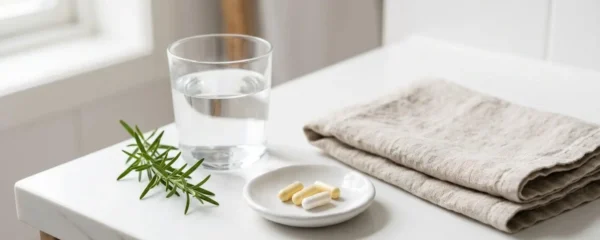 Composition minimaliste sur comptoir blanc de salle de bain : gélules de compléments alimentaires biotine et zinc dans soucoupe céramique blanche, verre d'eau, branche de romarin et serviette lin beige, éclairage naturel doux