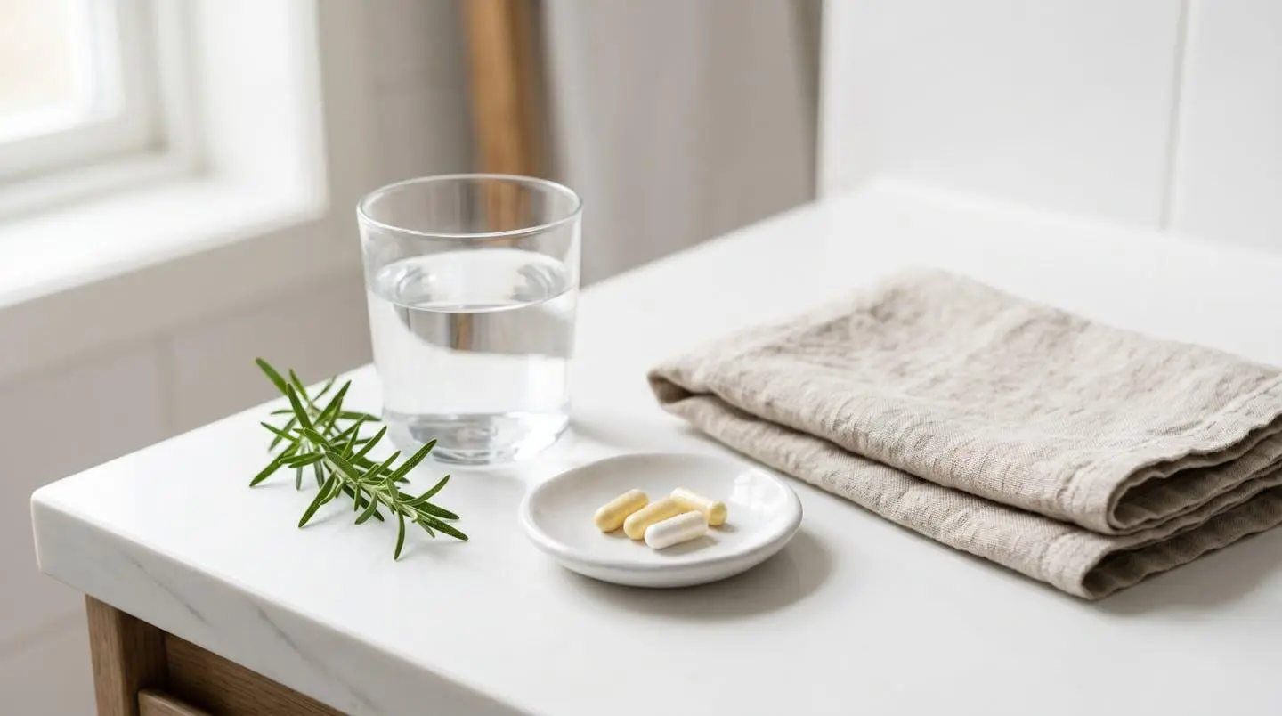 Composition minimaliste sur comptoir blanc de salle de bain : gélules de compléments alimentaires biotine et zinc dans soucoupe céramique blanche, verre d'eau, branche de romarin et serviette lin beige, éclairage naturel doux