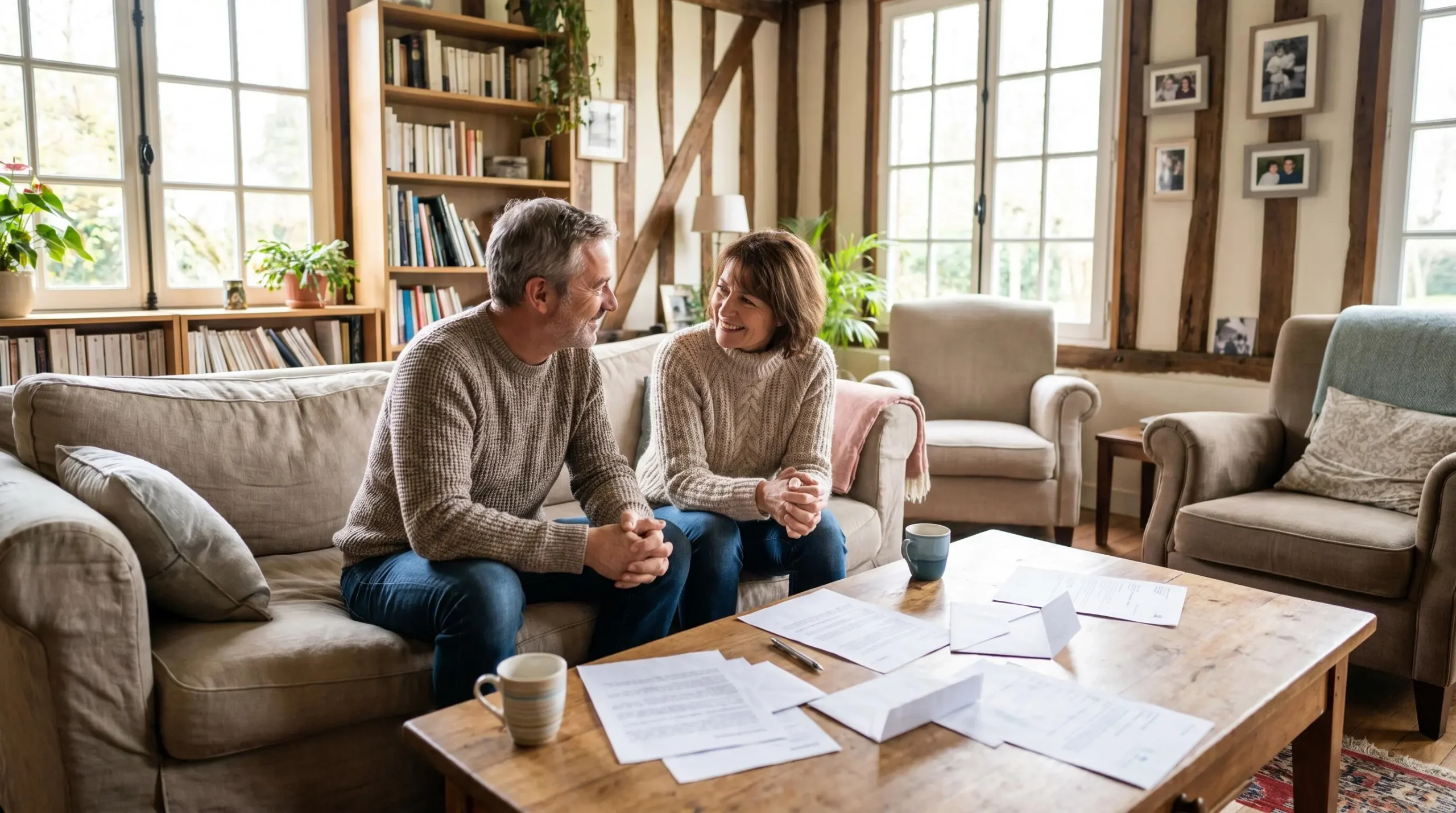 Couple dans la cinquantaine discutant calmement d'un projet financier dans un salon lumineux, avec des documents posés sur la table basse