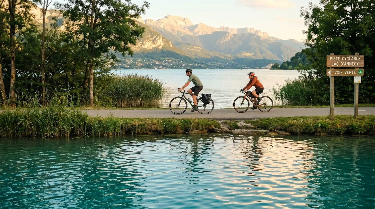 Deux cyclistes pédalant sur la piste cyclable du lac d'Annecy avec vue sur le lac turquoise et les montagnes alpines en arrière-plan sous une lumière dorée de fin d'après-midi