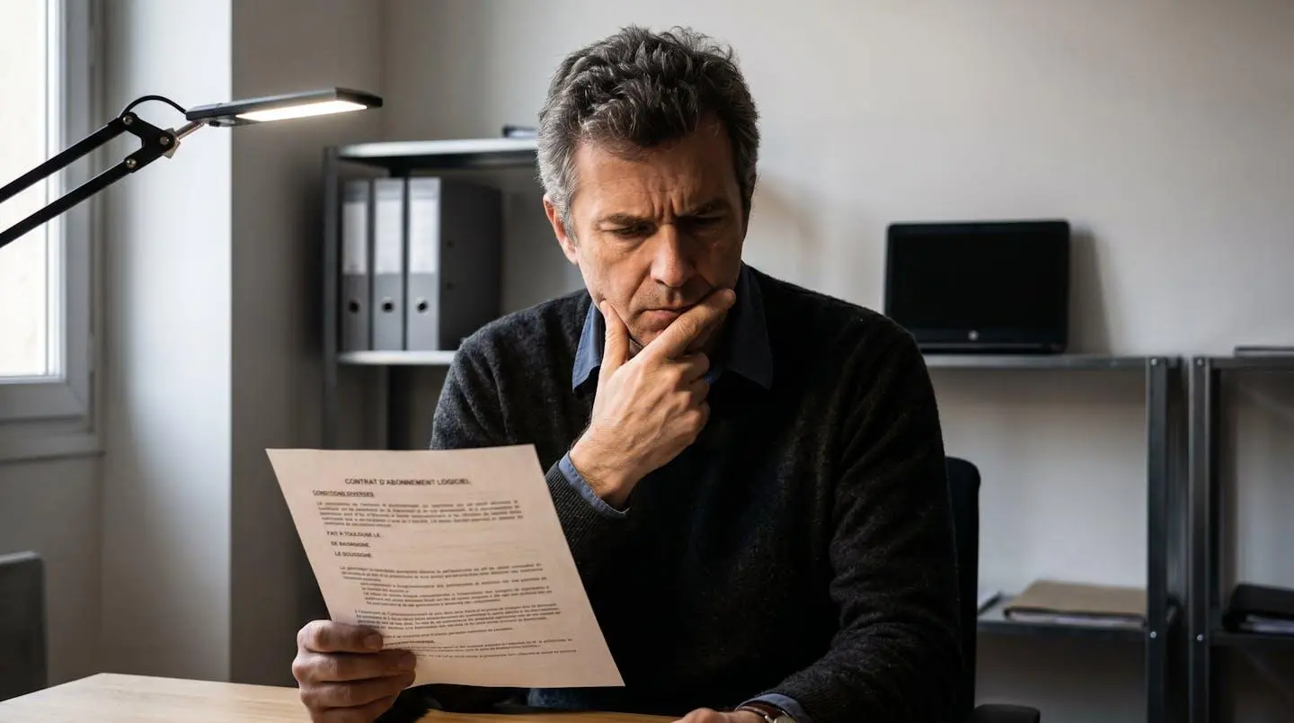 Dirigeant de TPE française examinant avec perplexité un contrat d'abonnement logiciel dans son bureau avec lumière latérale créant des ombres marquées