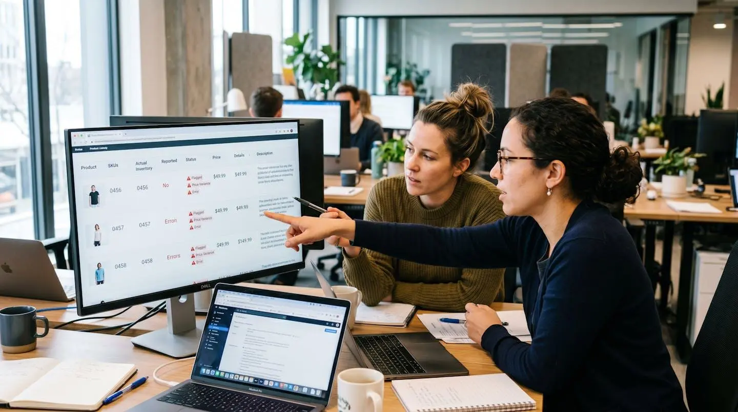 Équipe marketing identifiant des erreurs sur des fiches produits dans un catalogue e-commerce multi-canaux
