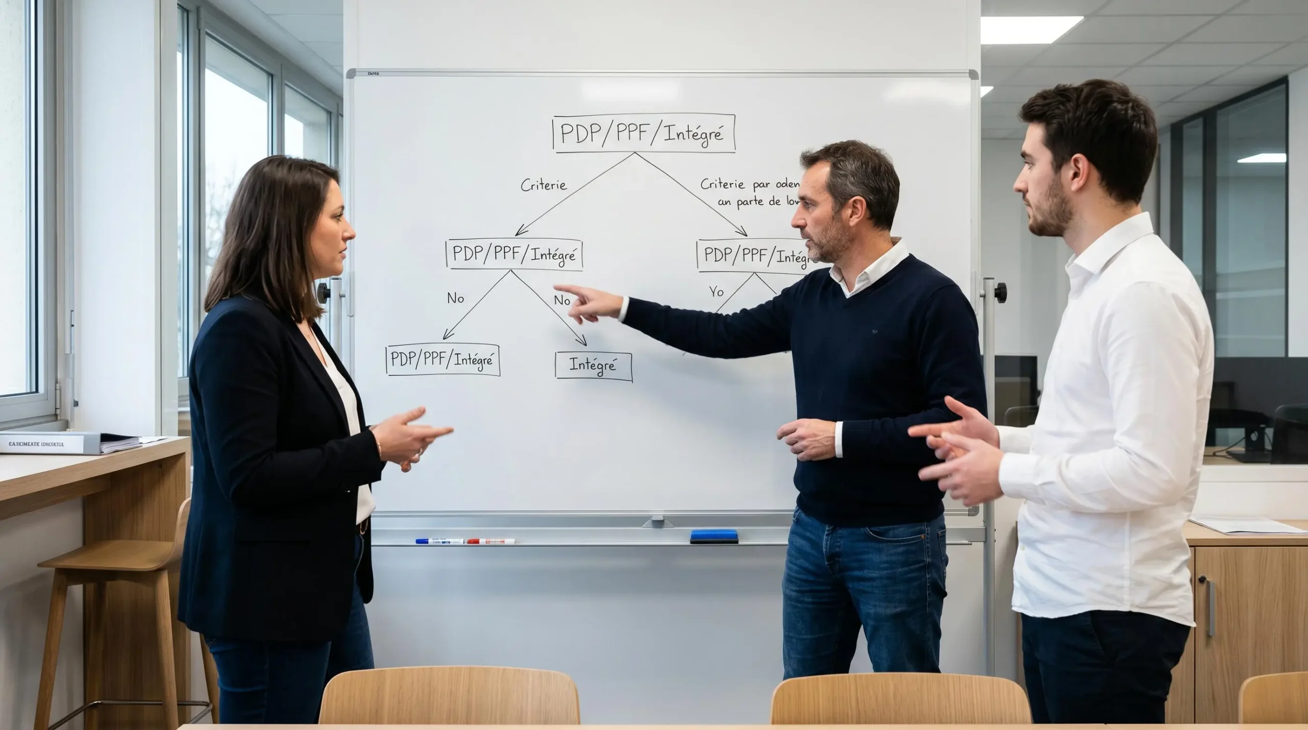 Équipe de PME française en réunion de décision devant un tableau blanc affichant un schéma de choix entre PDP, PPF et logiciel intégré certifié