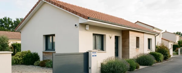 Façade de maison individuelle périurbaine française équipée de caméra extérieure, détecteur de mouvement et plaque de télésurveillance, en lumière naturelle du matin