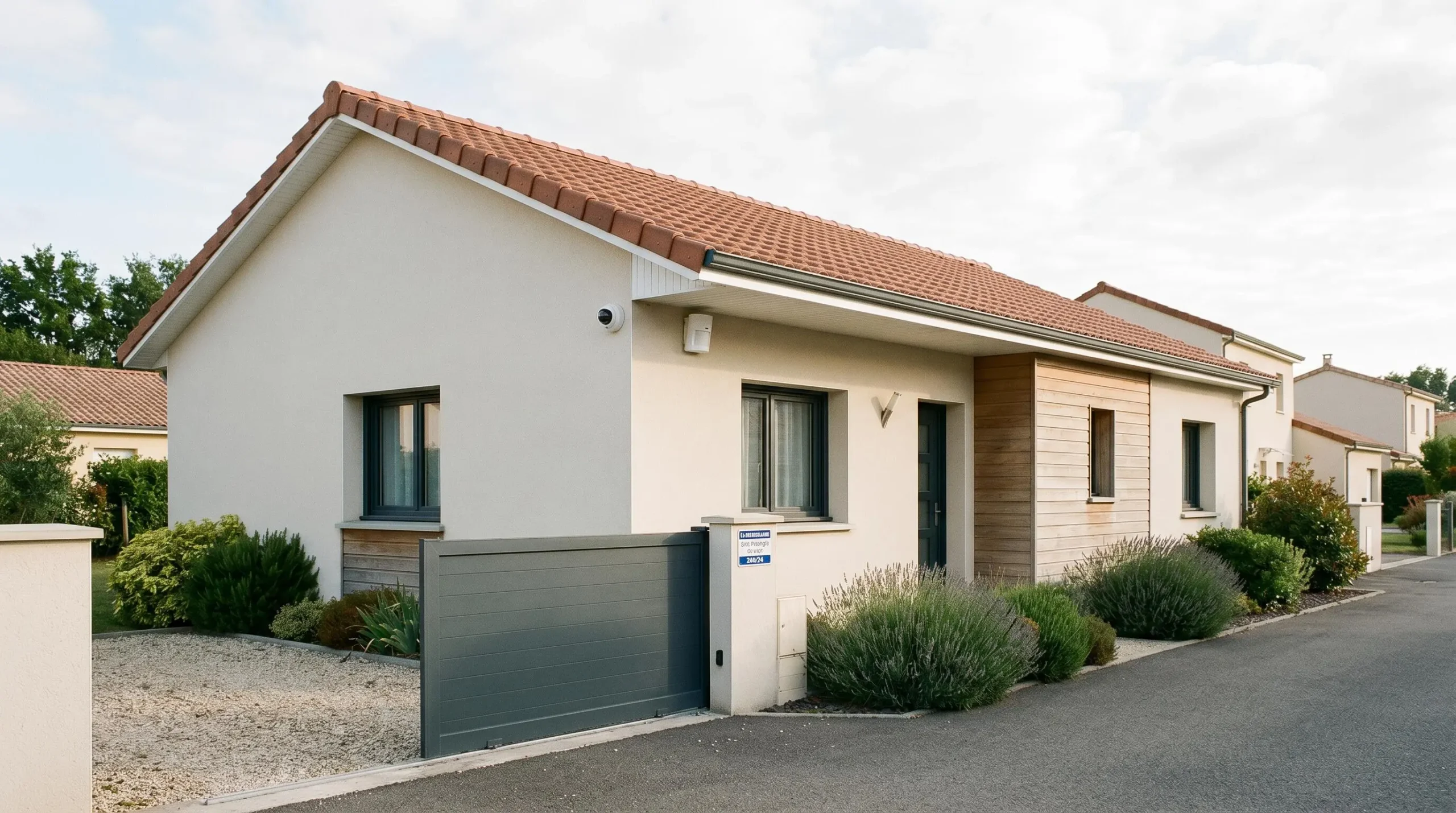 Façade de maison individuelle périurbaine française équipée de caméra extérieure, détecteur de mouvement et plaque de télésurveillance, en lumière naturelle du matin
