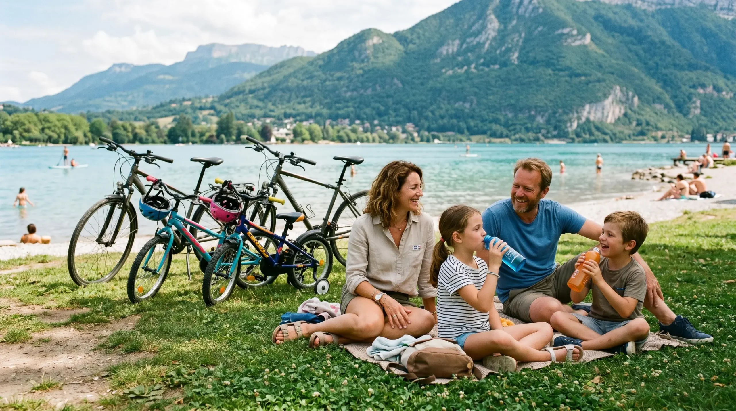 Famille de quatre personnes faisant une pause détente au bord du lac d'Annecy avec leurs vélos, enfants buvant de l'eau pendant que les parents discutent sur l'herbe d'une plage aménagée