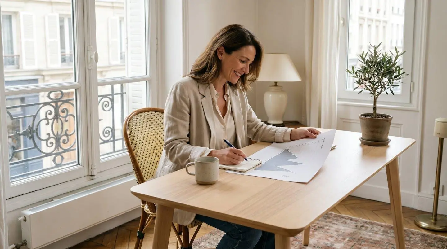 Femme d'une cinquantaine d'années assise à un bureau lumineux, regardant un graphique de performance financière imprimé, stylo à la main