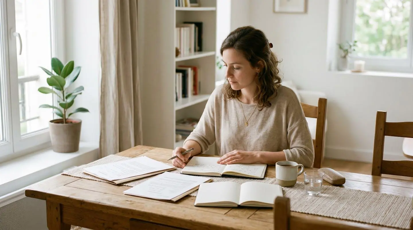 Femme vérifiant ses documents administratifs avant une démarche en ligne depuis son bureau à domicile