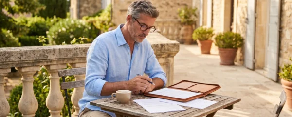Homme d'une cinquantaine d'années consultant des documents financiers sur une terrasse ensoleillée, l'air concentré et serein