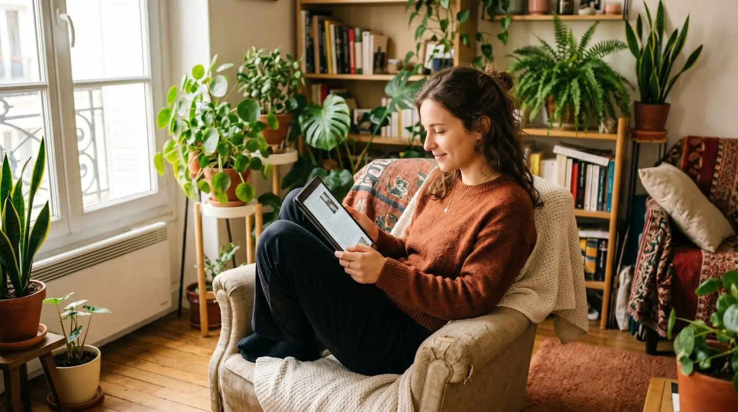 Jeune adulte utilisant une tablette pour consulter ses finances dans un espace lumineux et végétalisé