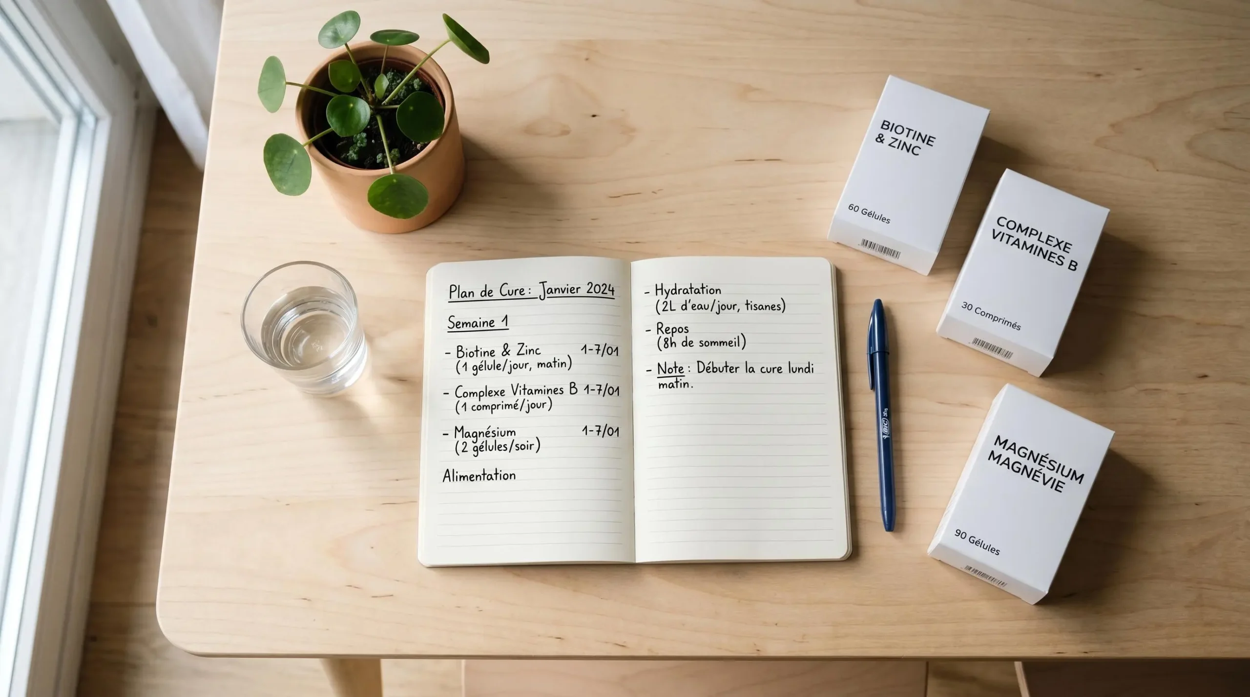 Vue de dessus sur table bois clair : carnet ouvert avec planning de cure manuscrit en français, stylo, boîtes de compléments alimentaires étiquettes blanches, verre d'eau et plante verte